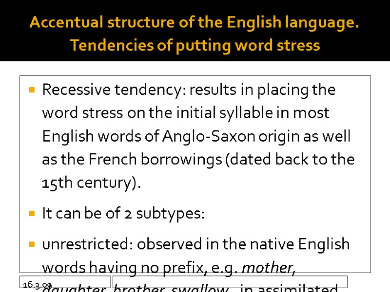 16.3.09 Accentual structure of the English language. Tendencies of putting word stress  Recessive